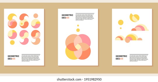 Un conjunto de tres coloridos fondos estéticos geométricos. Afiches minimalistas para medios sociales, diseño de portadas, web, diseño de tarjetas. Ilustraciones vintage con rayas, formas, semicírculos, líneas.
