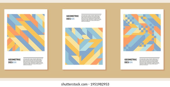 Un conjunto de tres coloridos fondos estéticos geométricos. Afiches minimalistas para medios sociales, diseño de portadas, web, diseño de tarjetas. Ilustraciones vintage con rayas, formas, semicírculos, líneas.