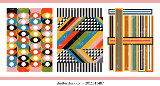 A set of three colorful aesthetic geometric backgrounds. Minimalist social media posters, cover designs, web, home decor. Vintage rainbow illustrations with stripes, shapes, circles, lines, rectangles