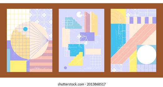 A set of three colorful aesthetic geometric backgrounds. Minimalist social media posters, cover designs, web, home decor. Vintage rainbow illustrations with stripes, shapes, circles, lines, rectangles