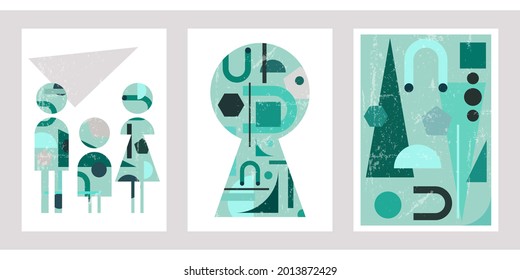A set of three colorful aesthetic geometric backgrounds. Minimalist social media posters, cover designs, web, home decor. Vintage illustrations with stripes, shapes, circles. A family with a child.