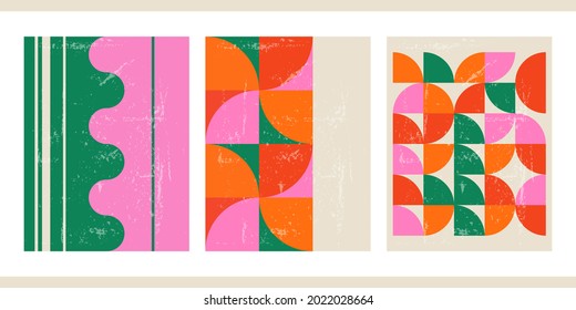 A set of three colorful aesthetic geometric backgrounds. Minimalist social media posters, cover designs, web, home decor. Vintage illustrations with stripes, shapes, circles, lines, rectangles.