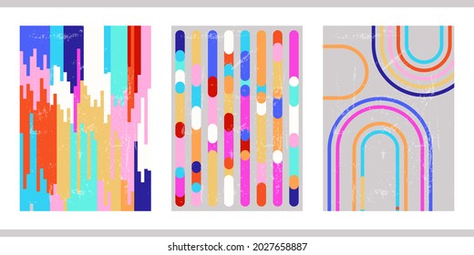 A set of three colorful aesthetic geometric backgrounds. Minimalist social media posters, cover designs, web, home decor. Vintage rainbow illustrations with stripes, shapes, circles, lines, arches.