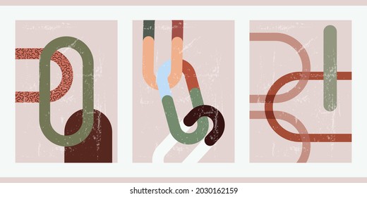 A set of three colorful aesthetic geometric backgrounds. Minimalist social media posters, cover designs, web, home decor. Vintage rainbow illustrations with arches, shapes, curves, lines, rectangles.