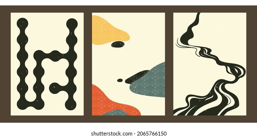 A set of three colorful aesthetic geometric backgrounds. Minimalist social media posters, cover designs, web, home decor. Vintage hand drawn illustrations with shapes, curves, lines, rectangles.