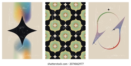 A set of three colorful aesthetic geometric backgrounds. Minimalist social media posters, cover designs, web, home decor. Vintage graphic illustrations with shapes, curves, lines, rectangles.