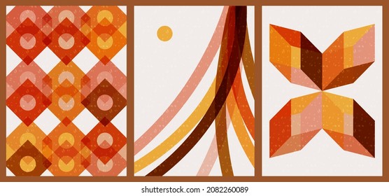 A set of three colorful aesthetic geometric backgrounds. Minimalist social media posters, cover designs, web, home decor. Vintage graphic illustrations with shapes, curves, lines, rectangles.