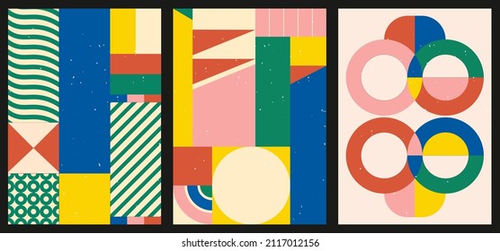 A set of three colorful aesthetic geometric backgrounds. Minimalist social media posters, cover designs, web, home decor. Vintage illustrations with shapes, lines, rectangles.
