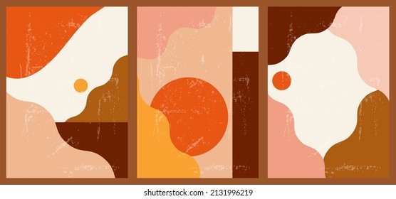 A set of three colorful aesthetic geometric backgrounds. Minimalist social media posters, cover designs, web, home decor. Vintage illustrations with stripes, shapes, lines, rectangles.