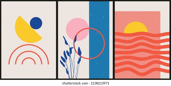 A set of three colorful aesthetic geometric backgrounds. Minimalist social media posters, cover designs, web, home decor. Vintage illustrations with shapes, lines, rectangles.