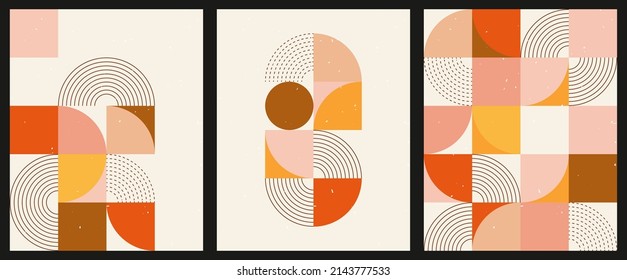 A set of three colorful aesthetic geometric backgrounds. Minimalist social media posters, cover designs, web, home decor. Vintage illustrations with arches, shapes, curves, lines, rectangles.