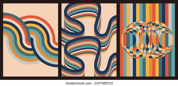 A set of three colorful aesthetic geometric backgrounds. Minimalist social media posters, cover designs, web, home decor. Vintage rainbow illustrations with shapes.