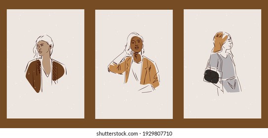 A set of three colorful aesthetic hand-drawn backgrounds. Minimalistic sketch posters for social networks, web design. Vintage illustrations with various shapes, girls, faces, portraits, lines.