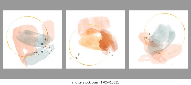 A set of three colorful aesthetic watercolor backgrounds. Minimalistic abstract posters for social media, cover design, web, home decor. Vintage illustrations with thin lines, blots, shapes.