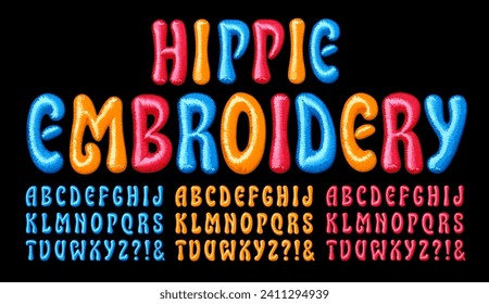 A set of three colorful alphabets in the style of 1960s and 1970s groovy embroidery letters used to decorate clothing.