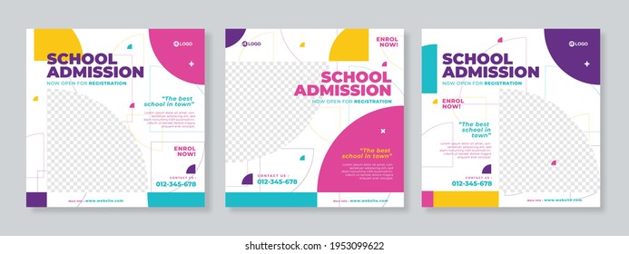 Set of three colorful background school admission or education social media pack template premium vector