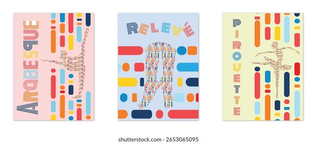 Conjunto de três pôsteres coloridos do balé com silhuetas do dançarino abstrato