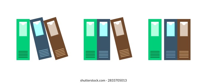 Set of three colorful binders arranged in a row on a white background. Three distinct binders, each a different color, are displayed side-by-side against a clean white backdrop