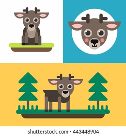 A set of three colorful bright illustrations of little deer, reindeer in forest, cute. Colored flat vector illustration.