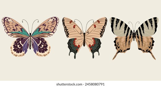 Set of three colorful butterflies.