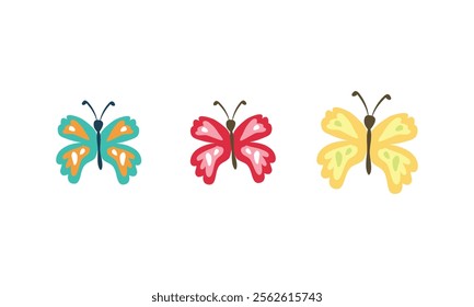 Set of three colorful butterflies with decorative wings on white background. Flat vector illustration. Nature and spring concept for design and print