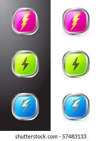 set of three colorful buttons with lighting symbols