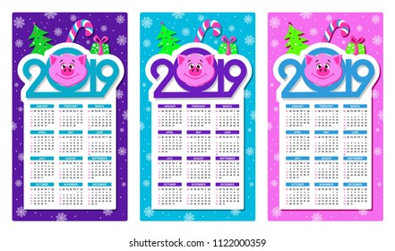 Set of three colorful calendars 2019 with cartoon pigs face. Text 2019, christmas tree, gift box, lollipop and snowflakes around. Week starts on Sunday. Basic grid. Flat style. Vector illustration.