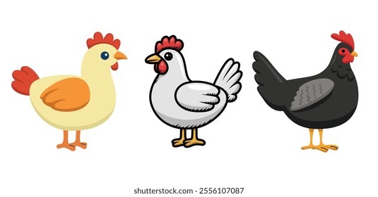 A set of three colorful cartoon chickens illustrated in a playful farmyard style, perfect for children’s designs, vector illustration.