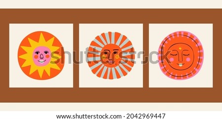 A set of three colorful children illustrations. Fashionable vintage bright pictures for nursery, book cover, postcards, cards. Doodle sketch posters with different faces, characters, shapes, sun.