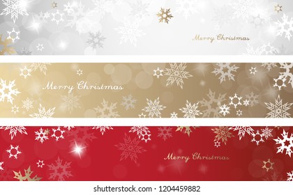 Set of three colorful Christmas background banners with snowflakes and simple Merry Christmas text - horizontal version