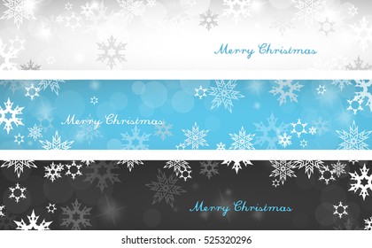 Set of three colorful Christmas background banners with snowflakes and simple Merry Christmas text - horizontal version