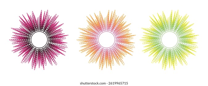 A set of three colorful circular ornaments with spiky edges in pink, orange, and green gradients. Perfect for modern decorative design, digital art projects, and Spectrum Audio.