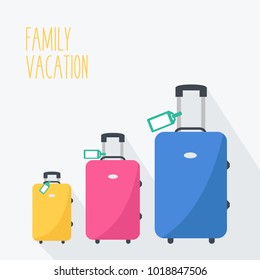 set three colorful clean simple suitcase vector cartoon isolated. luggage family in vacation. smallest baggage to largest or biggest. holiday tag name Travel flat design & concept text family vacation