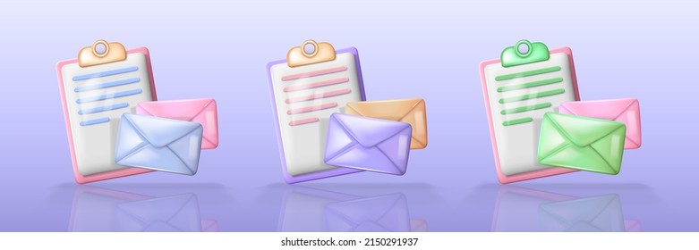 Set of three colorful clipboards with documents and envelopes in 3d style. Glossy UI icons or decorative elements with paper and letters for design. Vector illustration EPS 10