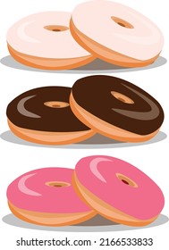 ein Satz von drei bunten Donuts ohne Sprinklen
