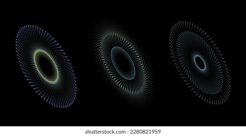 Set of three colorful elliptical discs with sharp vector lining design. concentric circle. spiral, swirl, twirl element. Circular and radial lines helix.