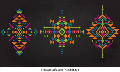 Set of three colorful ethnic pattern elements with geometric shapes. Tribal ornate abstract backgrounds. Stylish trendy design elements. Vector illustration.