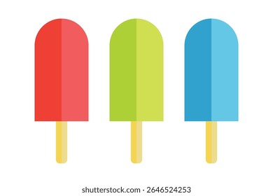 Set of three colorful flat popsicle illustrations. Red, green, and blue summer ice cream icons. Minimal design, isolated on white background. Perfect for kids, food, or summer graphics.