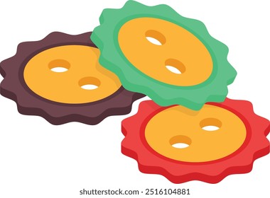 Um conjunto de três botões coloridos em forma de engrenagem com dois furos cada.