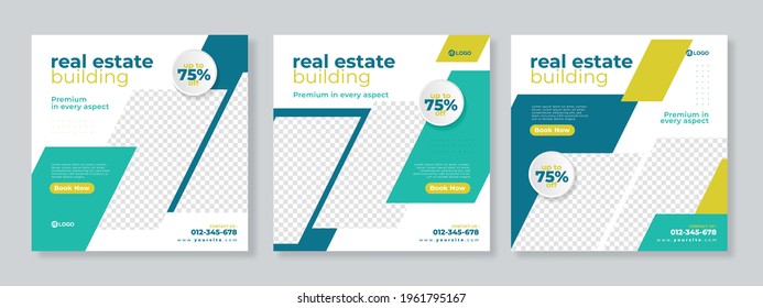 Set of three colorful geometric background of real estate agency social media pack template premium vector