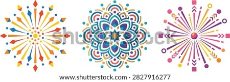 A set of three colorful geometric mandala and firework-inspired vector illustrations on a white background.