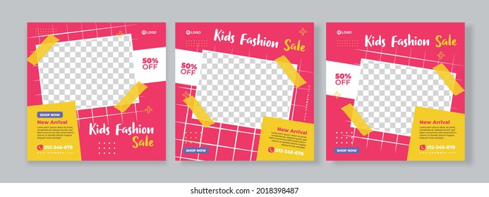 Set Of Three Colorful Geometric Rectangle Background Of Kids Fashion Sale Banner Social Media Pack With Yellow Pink Color Template Premium Vector