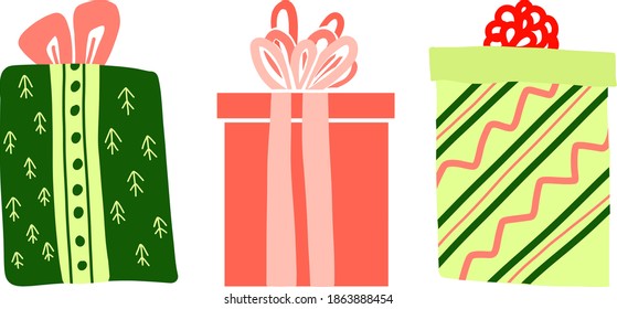 Set of three colorful gift boxes decorated with ribbon and stripes. Flat style concept of decorations for card, cover, sticker, app, web, wrapping papper. Creative design of presents in trendy colors