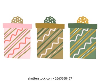 Set of three colorful gift boxes decorated with ribbon and stripes. Flat style concept of decorations for card, cover, sticker, app, web, wrapping papper. Creative design of presents in trendy colors