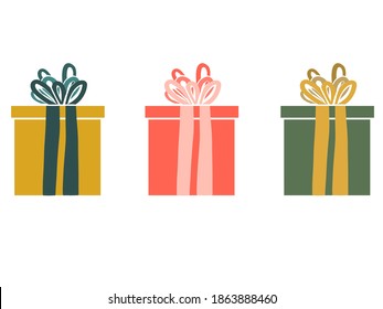 Set of three colorful gift boxes decorated with ribbon and stripes. Flat style concept of decorations for card, cover, sticker, app, web, wrapping papper. Creative design of presents in trendy colors
