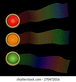 Set of three colorful glass buttons with multicolor lines design vector
