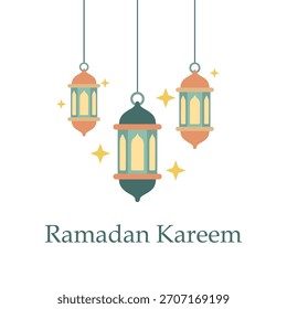 A set of three colorful, hanging Islamic lanterns (Fanoos) and stars for Ramadan Kareem, on a transparent background.