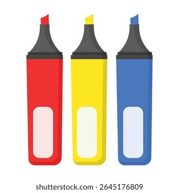 Set of three colorful highlighters in red, yellow, and blue. Flat vector design for school, office, or creative project icons.