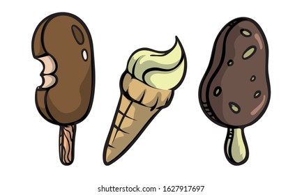 Set of three colorful ice cream, sweet cold food.Vector illustration in flat cartoon style.
