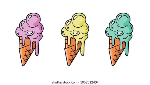 un conjunto de tres helados coloridos. morado, verde y amarillo.